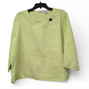 Orvis Women's Linen 3/4 Sleeve Boxy Green Top Work Quiet Luxury